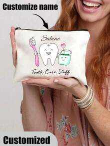 Customized Name Toothbrush, Tooth Print Cartoon Bag, Women's Cosmetic Bag, School Pencil Bag, Travel Toiletry Bag, Women's Reusable Toiletry Bag Storage Bag Handbag Coin Purse Party Gift School Pencil Case Dentist Gift Cosmetic Bag School Supplies Travel Essentials Cosmetic Bag Holiday Essentials Cosmetic Bag Cosmetic Storage Bag Holiday - White - View 25