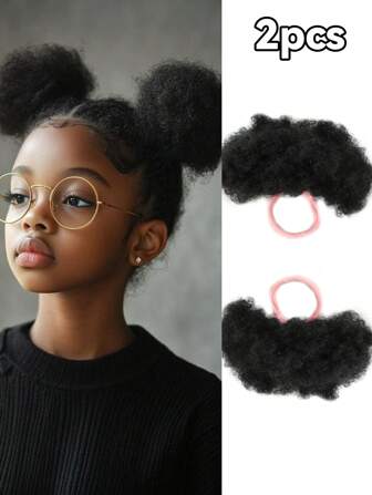 Kid's 2pcs Kid Ponytail Double Afro Puffs Kinky Curly Hair Bun For Kid's Age 0-10 Natural Black Synthetic Wigs Suitable For Daily Wear And Birthday Parties