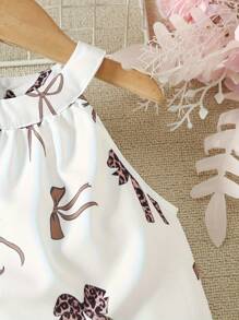 Young Girl Bow Print Casual Cold Shoulder Top And Shorts Set