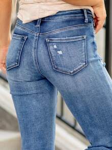 European And American Casual Neutral Style Women's Mid-Waist Comfortable Ripped Stretch Straight-Leg Denim Trousers - Blue - View 6