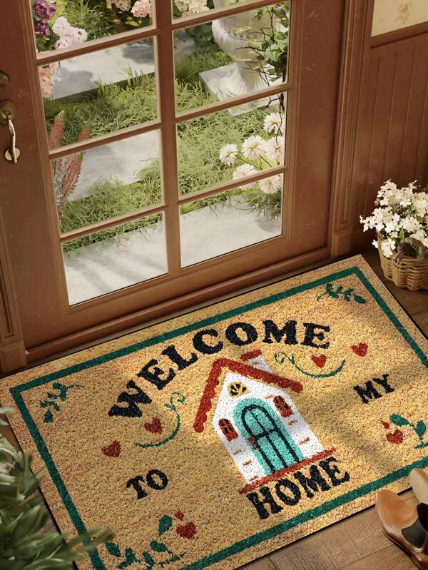1pc Interesting Welcome House Pattern Doormat, Simple Style Yellow Short Plush Quick-Drying Non-Slip Washable Mat For Kitchen, Bathroom, Dining Room, Hallway Entrance, Party, Gathering, New Year, All Seasons, Yard Decoration