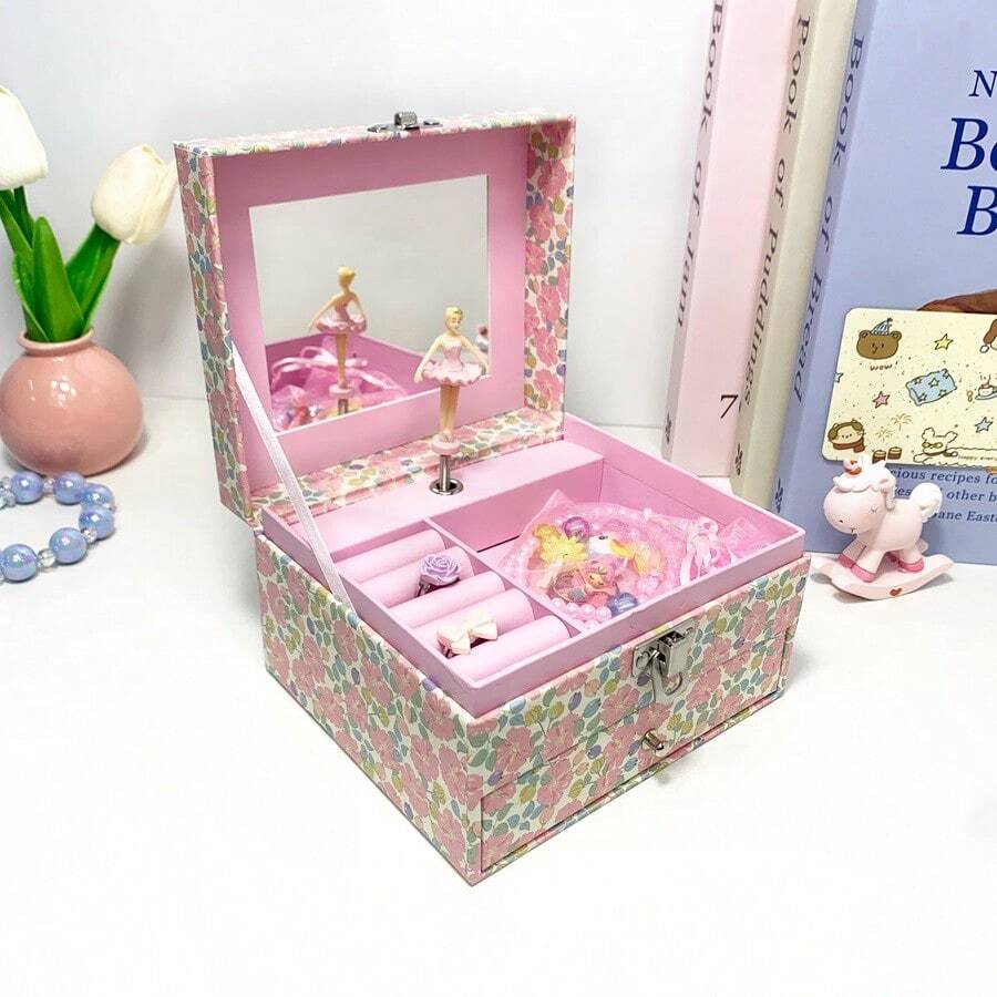 Kotak Perhiasan Musik Anak Perempuan dengan Cermin & Laci, Kotak Musik Balerina/Unicorn untuk Anak-anak, Organizer Penyimpanan Motif Bunga untuk Hadiah Ulang Tahun