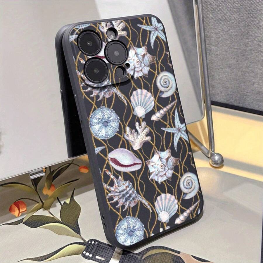 Funda de teléfono con diseño de patrón estilizado con elemento de concha marina, con protección para la lente, a prueba de golpes, resistente a caídas y duradera, adecuada para las series iPhone16 15 14 13 12 11 X XS Pro Plus Max, la mejor opción para tu propio uso o como regalo. - Negro - Ver 1
