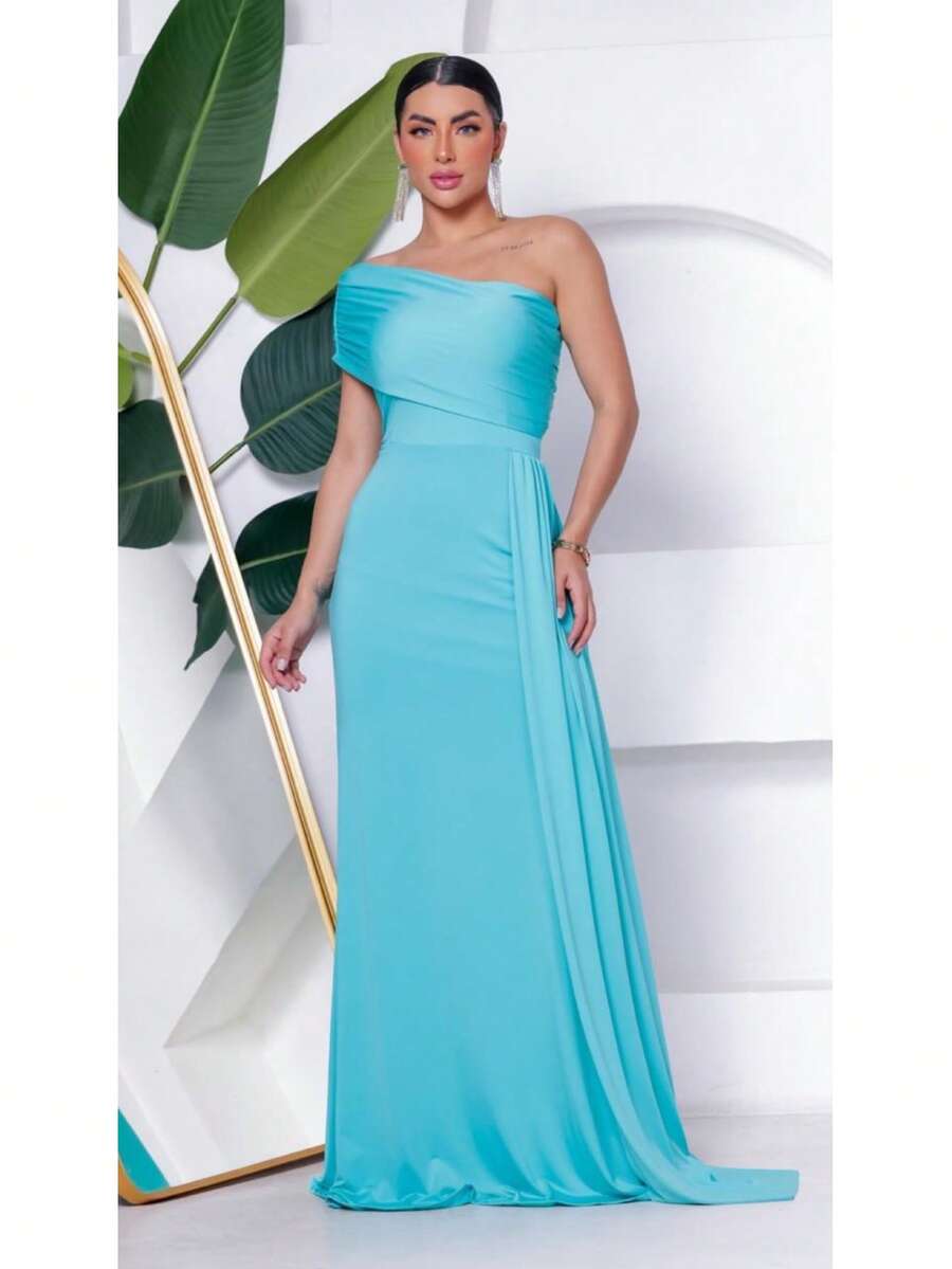 Long Women's Party And Event Dress Elegant Bridesmaids And Guests Fluity Knit With Lined Cup One Shoulder Unilateral Zero Sleeve Detail At The Waist Fluid Draped Shoulder One Size Fits 36 To 42 - 薄荷藍 - 查看 1