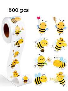 Rollo de 500 unidades de pegatinas autoadhesivas con forma de abeja de dibujos animados, pequeñas abejas trabajadoras como recompensa del maestro, incentivo escolar, rollo de pegatinas de dibujos animados DIY, pegatinas de PVC resistentes al agua, útiles escolares, vuelta al cole - Multicolor - Ver 1