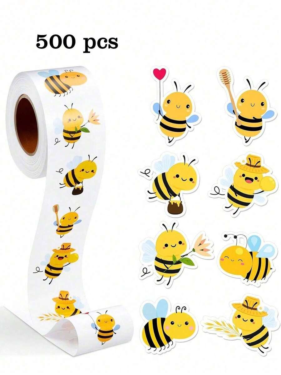 Rollo de 500 unidades de pegatinas autoadhesivas con forma de abeja de dibujos animados, pequeñas abejas trabajadoras como recompensa del maestro, incentivo escolar, rollo de pegatinas de dibujos animados DIY, pegatinas de PVC resistentes al agua, útiles escolares, vuelta al cole - Multicolor - Ver 1