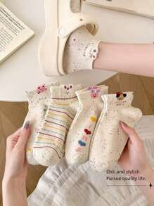5 Pairs Women Short Casual Socks Fashion Cute Cartoon Pattern Spring/Summer Sweat Absorbing Breathable Casual Socks