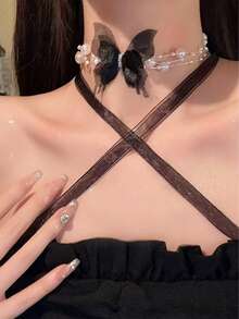 1件时尚优雅蝴蝶项链，多层仿珍珠水晶颈链，隐形蝴蝶项链，女士珠宝，适合日常佩戴，精致配饰，适合派对和度假 - 彩色 - 查看 9