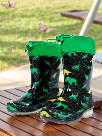 Jungen Dinosaurier Regenstiefel Kinder Glitzer wasserdichte Stiefel Outdoor rutschfester klassischer Stil wasserfeste Zugband Schnür Regenschuhe
