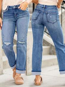 European And American Casual Neutral Style Women's Mid-Waist Comfortable Ripped Stretch Straight-Leg Denim Trousers - Blue - View 1