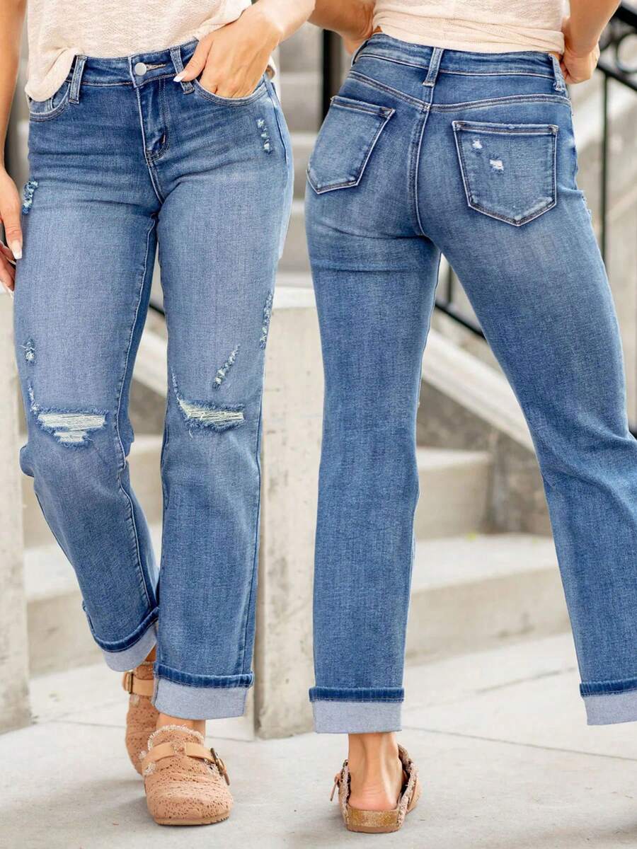 European And American Casual Neutral Style Women's Mid-Waist Comfortable Ripped Stretch Straight-Leg Denim Trousers - Blue - View 1