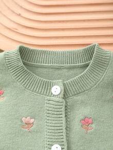 Baby Girls Crew Neck Floral Embroidered Knitted Cardigan - Cadet Blue - View 2