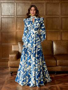 Vestido de noite luxuoso em chiffon com estampa floral Faeriesty Printing, gola alta e mangas bufantes – perfeito para casamentos, eventos de tapete vermelho, jantares de gala, inaugurações de galerias de arte e bailes da alta sociedade, essencial para férias. - Azul - Ver 1