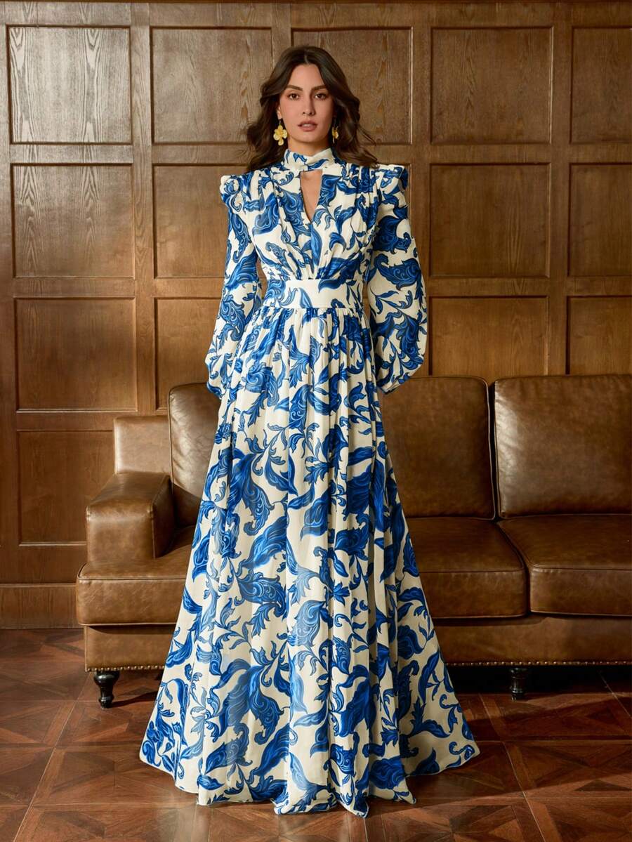 Vestido de noite luxuoso em chiffon com estampa floral Faeriesty Printing, gola alta e mangas bufantes – perfeito para casamentos, eventos de tapete vermelho, jantares de gala, inaugurações de galerias de arte e bailes da alta sociedade, essencial para férias. - Azul - Ver 1