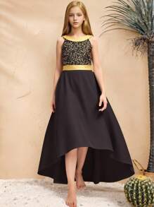 Vestido formal de hombros descubiertos de fiesta de boda para niña preadolescente, elegante vestido de dama de honor de tren para fiesta de cumpleaños, vestido de princesa lujoso negro y dorado para ocasiones especiales