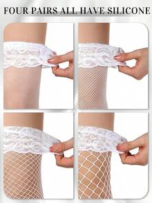 Bencailor 4 Pairs Fishnet Thigh High Stocking For Women Silicone Lace Top Sheer Over Knee Silky Stockings - 白色 - 查看 5