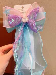1pc Women's Ombre Glitter Hair Clip, Mermaid Princess Style Chiffon Bowknot Streamer Barrette Without Card