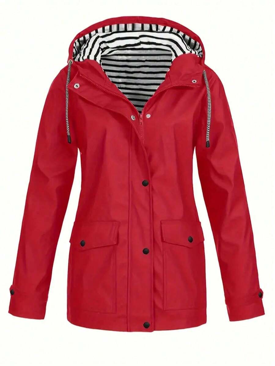 Jacket With Striped Lining And Zipper, Casual Long-Sleeved Hooded Jacket With Drawstring For Autumn And Winter, Women's Clothing, Women's Outdoor Windproof Hooded Jacket With Striped Lining, Button And Adjustable Drawstring Closure For Autumn/Winter, Windbreaker Jacket, Durable Outdoor Clothing - 紅色 - 查看 1