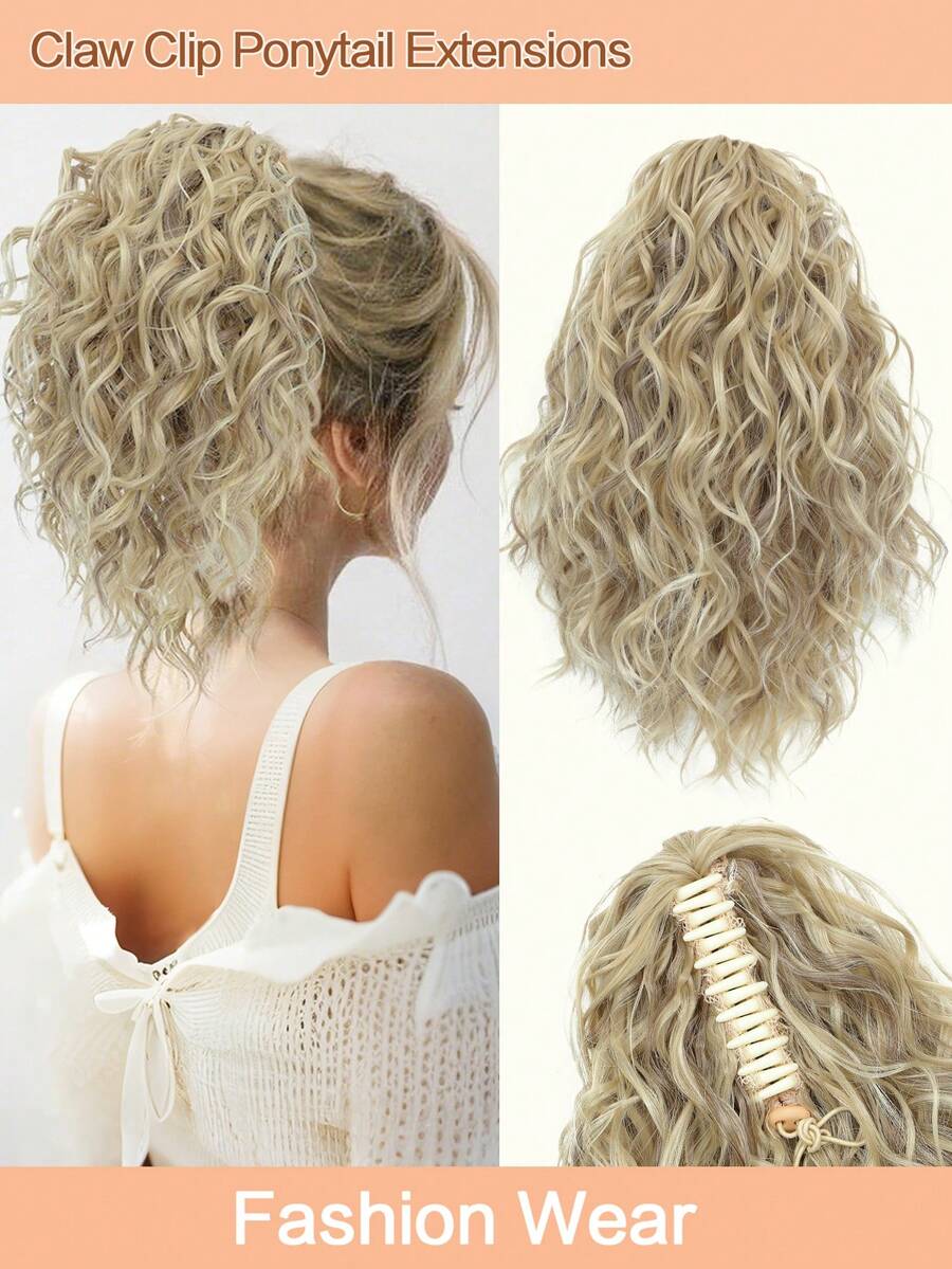 12inch Ponytail Extension Curly Hair Claw Clip Drawstring Ponytail Extensions (Bleach Blonde With Brown Highlights) Hair Pieces For Women Synthetic Friendly Fiber - Gold - View 1