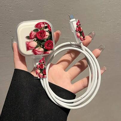 3件套郁金香花纹保护套，兼容苹果20W电源适配器，防止破损