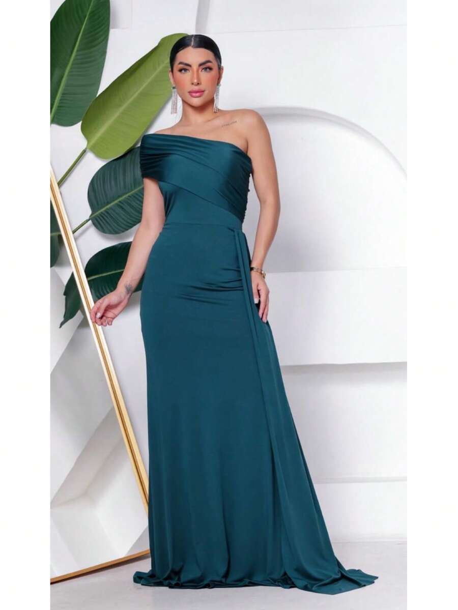 Long Women's Party And Event Dress Elegant Bridesmaids And Guests Fluity Knit With Lined Cup One Shoulder Unilateral Zero Sleeve Detail At The Waist Fluid Draped Shoulder One Size Fits 36 To 42 - 翠綠色 - 查看 1