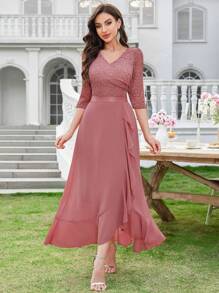 MIUSOL V Neck Floral Lace Ruffle Trim 3/4 Sleeve Evening Party Long Dress