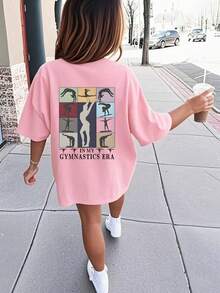 Vintage Gymnastics Themed Graphic Tween Girl Short Sleeve Oversized T-Shirt, Casual Street Wear For Spring/Summer, Suitable For Kids' Outdoor Activities And Play, Easy Care - Pink - View 1