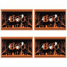 1 pieza/4 piezas Manteles individuales de lino de Halloween, manteles individuales para el desayuno o la cena, accesorios de cocina, fáciles de limpiar, aptos para fiestas de Halloween, mesa de comedor, hogar, restaurante, decoración de restaurante, con diseños de calabaza, bruja y fantasma