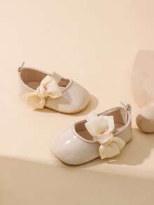 0-1 Year Old Baby Girls Mirror PU Bow Hook And Loop Design Flat Versatile Princess Crib Shoes, Fit For Spring & Summer - Apricot - View 5