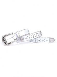 男女通用水钻镶嵌西式腰带，适合女性牛仔裤秋季、秋季、万圣节 - 黑與白 - 查看 3