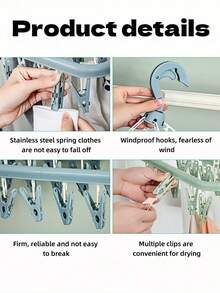 1pc Multi-Functional Folding Drying Rack, Clothesline With Clips For Underwear & Socks, Balcony & Dorm Room Use, Anti-Wind Design - Blue and White Side Mount - View 5