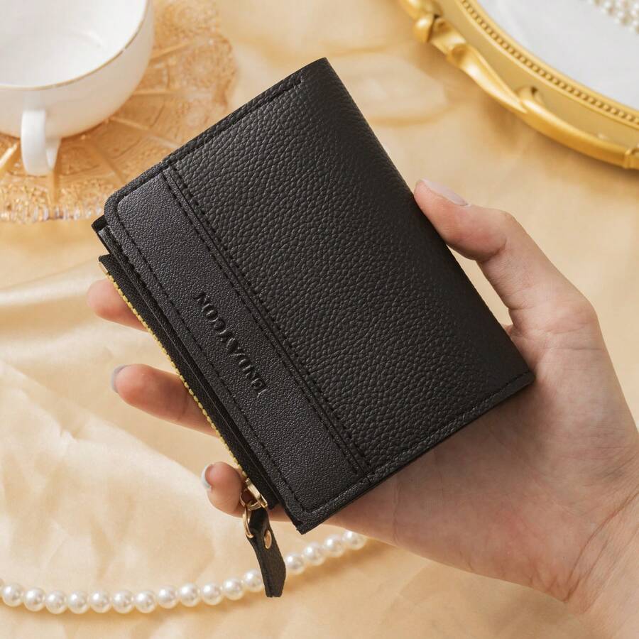 Kleine portemonnee met opvouwbare klep voor dames, kleurrijk vakmanschap, dunne portemonnee met dubbele laag voor creditcards, groot ritsvak voor munten, vak voor munten met drukknoopsluiting, compact en modieus, geschikt voor dagelijks gebruik, cadeau voor de start van het schooljaar, cadeau voor afstuderen, verjaardagscadeau, damesportemonnee - Zwart - Bekijken 1