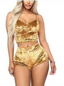 Womens Sexy Velvet Camisole Shorts Set Cute Bow Spaghetti Strap Solid Color Sleeveless Slim Sling Crop Top PJ Set With Shorts Lingerie Set Sleepwear Nightwear - 金色 - 查看 1
