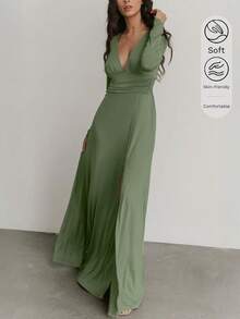 Women's Sage Green V-Neck Flowy Elegant Maxi Dress Long Sleeve High Slit Summer Party Casual Pastel Dresses - Green - View 2
