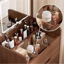 3 In 1 Vanity Desk With Plip Top Mirror, Small Make Up Vanity Set With Visible Glass Desktop, Compact Makeup Vanity With 3 Drawers,Cushioned Tool, Dressing Table For Bedroom - Quả óc chó - Xem 6