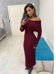 Vestido Feminino Trico Dress Manga Longa Canelado Ombro a Ombro Modal Premium Moura Tricot - Vinho - Visão 3