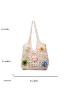 Hollow Floral Knit Bag, Oversized Casual Vacation Tote Bag, Large Capacity Woven Women's Commuter Beach Bag, Fashion Shoulder Shopping Handbag