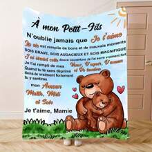 1pc Comfortable Fleece Blanket With Grandmother To Grandson Theme, Featuring Warm Love And Encouragement Text In French, Ideal For Family Coziness, Gift For Grandson