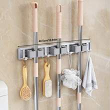 1pc Wall-Mounted Metal Broom Holder Rack With Adjustable Hooks, Suitable For Bathroom, Kitchen, Garden, Laundry Room, Garage Storage Organizer - Powder Coated Surface, Space-Saving Rack For Broom, Mop, Tools, Shelves