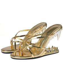 Sexy Fashion Women's Heeled Sandals Open Toe Solid Color Strappy Shark Teeth Shaped High Heel Slip On Party Nightclub Dinner Dressy Occasions Pumps - 金色 - 查看 4