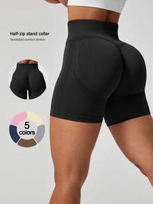 NcmRyu 1pc Women Plain Color Fashionable Cinched Waist Tennis Sports Shorts, Spring/Summer - Black - View 1