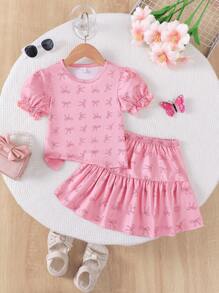 2pcs Girl Butterfly Pattern Ruffle Sleeve Top & Skirt Set, Fashionable Outfit For 4-7Y Girls, Suitable For Outdoor/Party Occasions