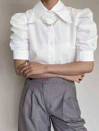 Plus Size Women Princess Sleeve Turndown Collar Casual Short Sleeve Shirt