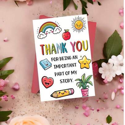 Happy Thank You Teacher Card With Envelope - Vibrant Cartoon Design Featuring Rainbow, Apple And Smiling Face, Daycare Orcare Year-End Gift