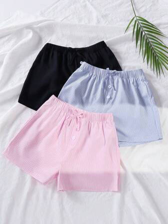 3件套女童彩色条纹松紧腰休闲度假短裤，夏季