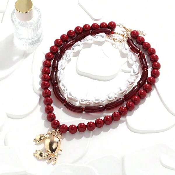 1pc Niche Vintage Pearl Accent Red Unisex Necklace