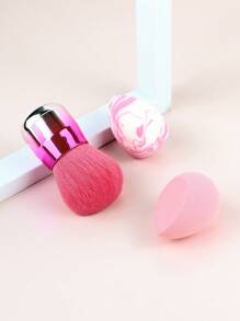 Juego de 3 piezas de herramientas de maquillaje, que incluye esponjas y pinceles de maquillaje con mango corto multifuncional para la cara, pincel para polvo, pincel para rubor, borla de maquillaje, pincel de maquillaje con mango revestido, adecuado para maquillaje facial, uso en seco y húmedo de la esponja de maquillaje, esponja de maquillaje libre de látex, para tocador, herramientas de belleza.