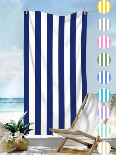 1pc Simple Blue Striped Beach Towel, Extra Large Quick Dry Microfiber Absorbent Anti-Sand Beach Bath Towel, Suitable For Travel, Swimming Pool, Yoga, Gym, Beach Holiday Essentials (Single-Sided Printed), Beach Accessories, Pool Float