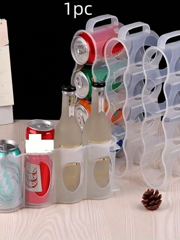 1pc Japanese Style 4-Grid Transparent Refrigerator Drink Storage Box With Handle, Beer/Beverage Can Organizer