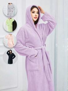1pc Women Plush V-Neck Long Cardigan Robe, Coral Fleece Long Sleeve With Pockets, Casual Sleepwear Back To School